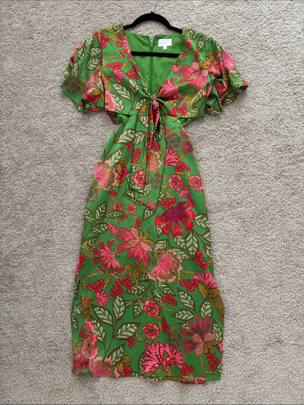 Sugarlips Green Floral Tie-Front Midi Dress with Pink Accents